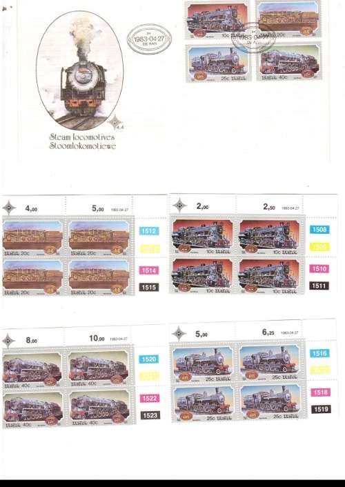 1 X RSA FDC STEAM LOCOMOTIVES 1983 PLUS 4 X CONTROL BLOCKS OF 4 MINT STAMPS EACH SEE PICS