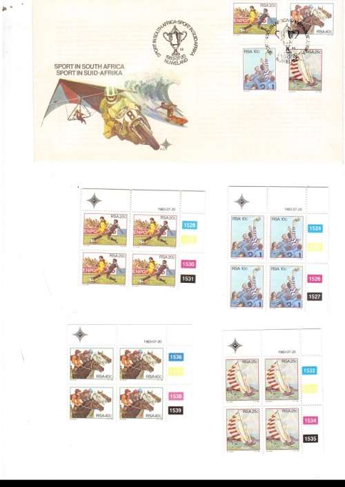 1 X RSA FDC SPORT IN SA 1983 PLUS 4 X CONTROL BLOCKS OF 4 MINT STAMPS SEE PICS