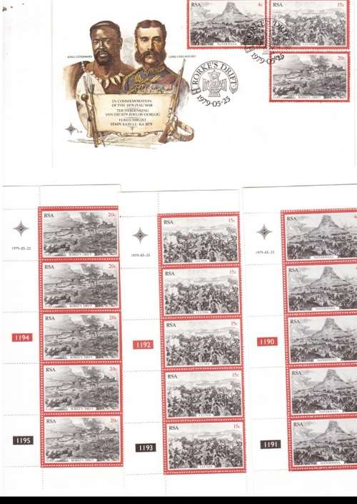 1 X RSA FDC RORKERS DRIFT 1979 PLUS 3 X CONTROL BLOCKS OF 5 STAMPS EACH SEE PICS