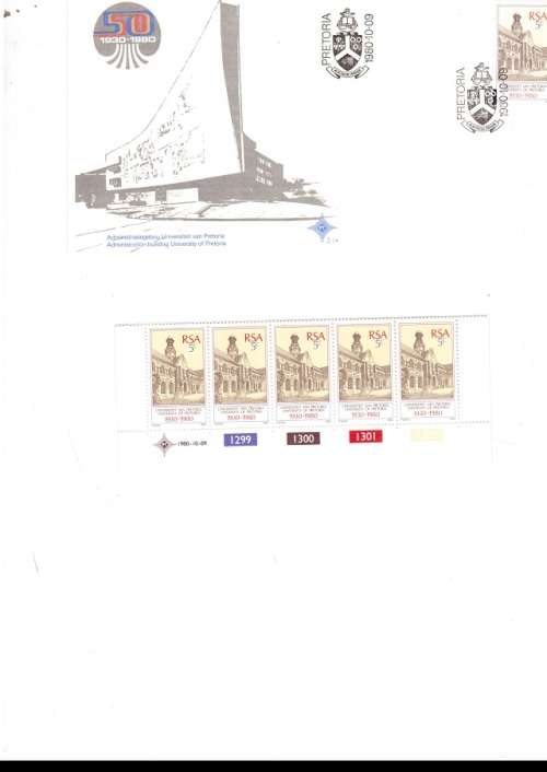 1 X RSA FDC UNIVERSATY OF PRETORIA 1980 PLUS 1 X CONTROL BLOCK OF 5 MINT STAMPS SEE PICS