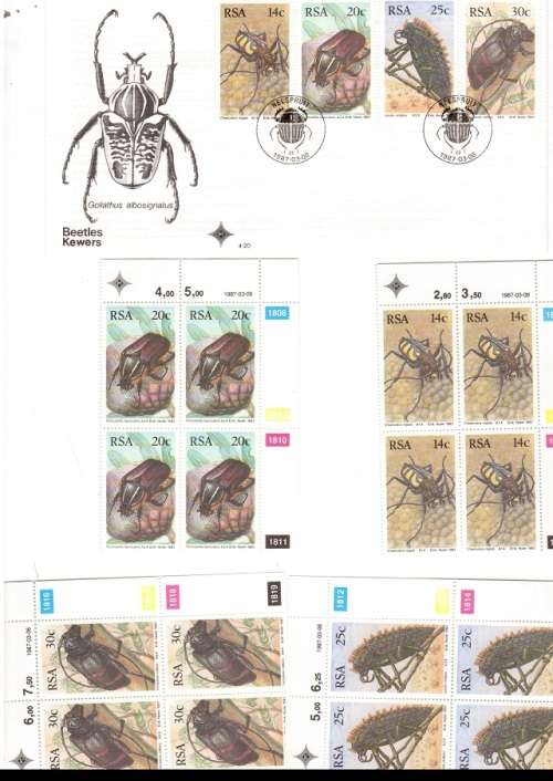 1 X RSA FDC BEETLES 1987 PLUS 4 X CONTROL BLOCKS OF 4 MINT STAMPS EACH SEE PICS