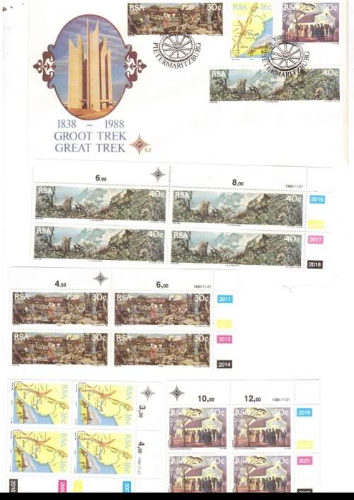 1 X RSA FDC GREAT TREK 1988 PLUS 4 X CONTROL BLOCKS OF 4 MINT STAMPS EACH SEE PICS