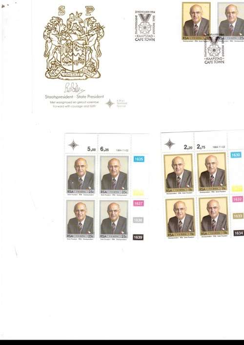 1 X RSA FDC P W BOTHA 1984 PLUS 2 X CONTROL BLOCKS OF 4 MINT STAMPS EACH SEE PICS