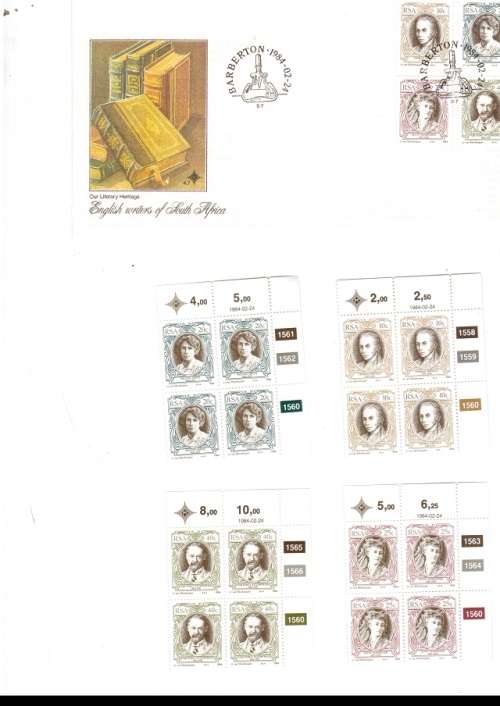 1 X RSA FDC ENGLISH WRITERS OF SA 1984 PLUS 4 X CONTROL BLOCKD OF 4 MINT STAMPS EACH SEE PICS