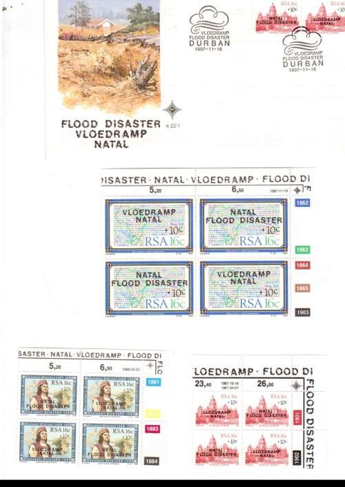 1 X RSA FDC FLOOD DISASTER NATAL 1987 PLUS 3 X CONTROL BLOCKS OF 4 MINT STAMPS EACH SEE PICS