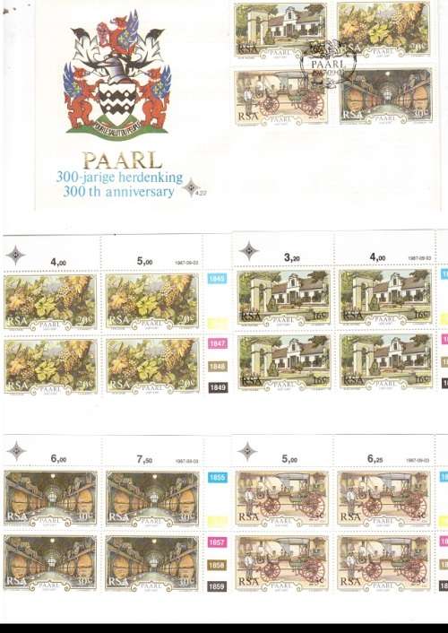 1 X RSA FDC PAARL 1987 PLUS 4 X CONTROL BLOCKS OF 4 MINT STAMPS EACH SEE PICS