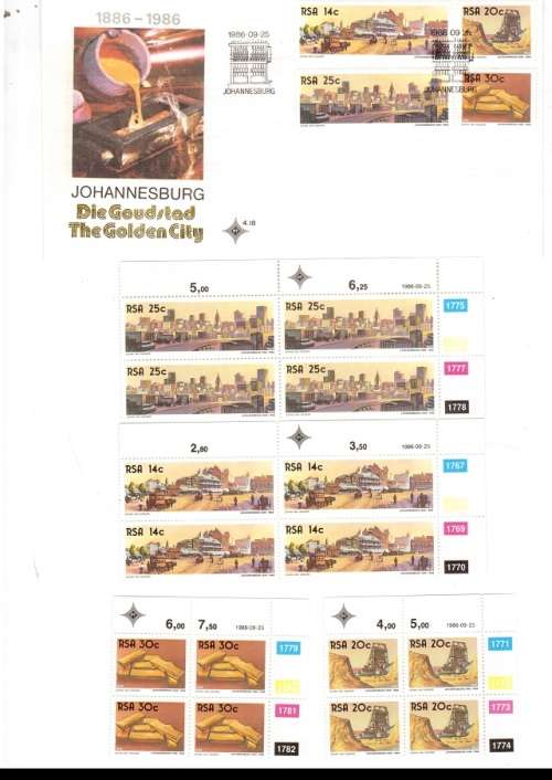 1 X RSA FDC JHB GOLDEN CITY 1986 PLUS 4 X CONTROL BLOCKS OF 4 MINT STAMPS EACH SEE PICS