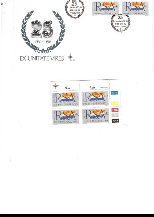 1 X RSA FDC RSA 25 TH ANIVERSARY 1986 PLUS 1 X CONTROL BLOCK OF 4 MINT STAMPS SEE PICKS