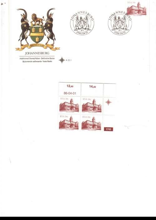 1 X RSA FDC JHB 1986 PLUS 1 X CONTROL BLOCK OF 4 MINT STAMPS SEE PICS
