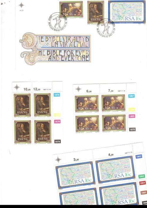 1 X RSA FDC BIBLE SOCIETY 1987 PLUS 3 X CONTROL BLOCKS OF 4 MINT STAMPS EACH SEE PICS