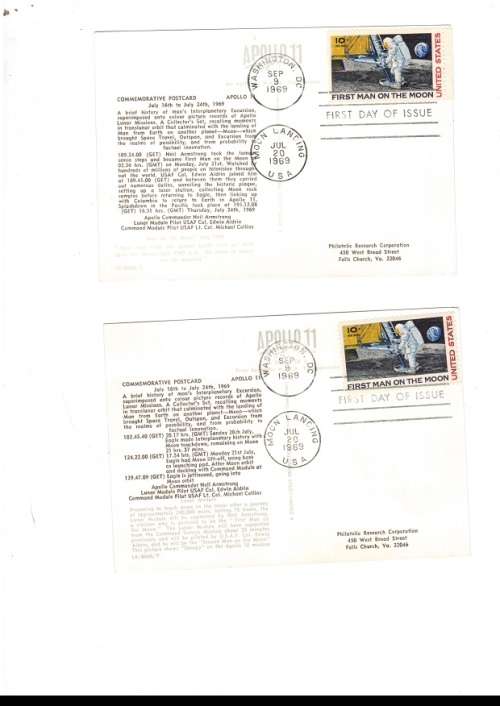 2 X UNITED STATES OF AMERICA COMMEMORATIVE POST CARDS APOLLO 11 1969 SEE PICS