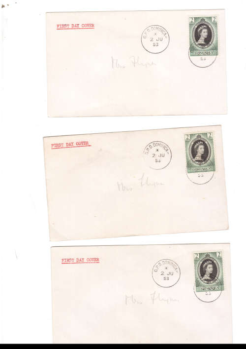 20 X 1953 CORONATION OF QUEEN ELIZABETH 11 DOMINICA 2 CENT POSTAGE STAMP USED FDC BARGAIN SEE PICS