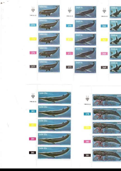 SOUTH WEST AFRICA 6 X CONTROL BLOCKS OF 5 MINT STAMPS  EACH  1980 SEE PICS
