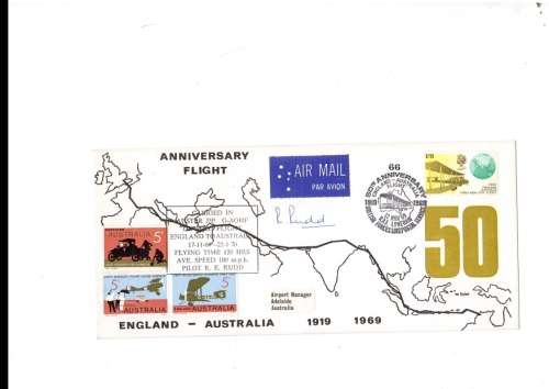ENGLAND TO AUSTRALIA 1919 TO 1969 50 YEARS ANNIVERSARY FLIGHT FDC SIGNED BY PILOT  SEE PICS