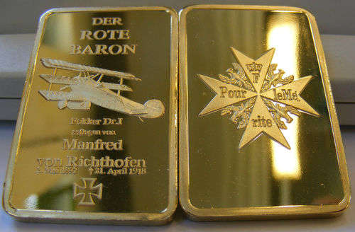 THE RED BARON MANFRED VAN RICHTHOVEN  BAR 1 OZ .999 14K GOLD CLAD BAR SEE PICS