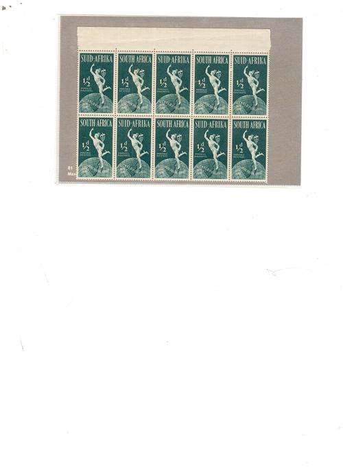 SOUTH AFRICAN UNION BLOCK OF 10 HALF PENNY STAMPS 1949 SEE PICS !!