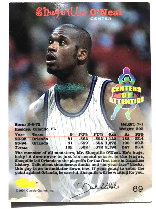 1994 Classic Shaq ONeal Centers Of Attention #69 Orlando Magic