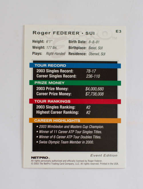 2003 NETPRO ELITE EVENT EDITION ROGER FEDERER (red) ROOKIE RC Card #E3