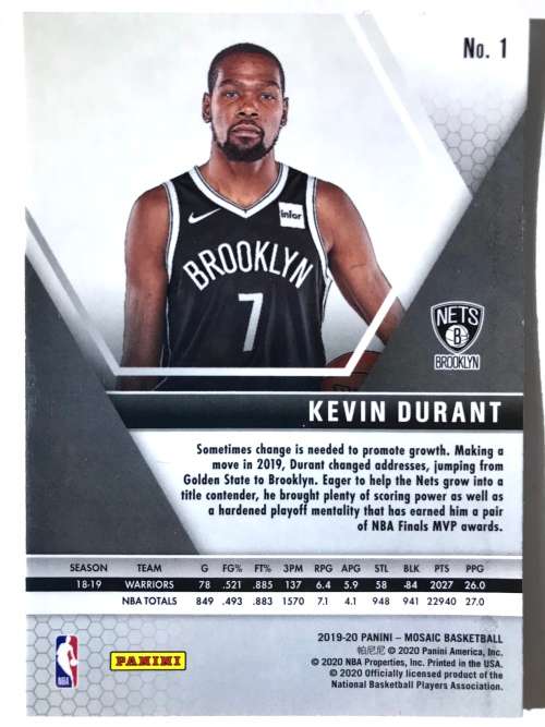 2019-2020 Panini Mosaic Kevin Durant #1
