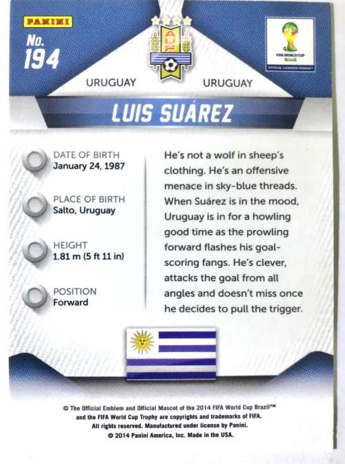 2014 Panini World Cup Prizm Luis Saurez #194