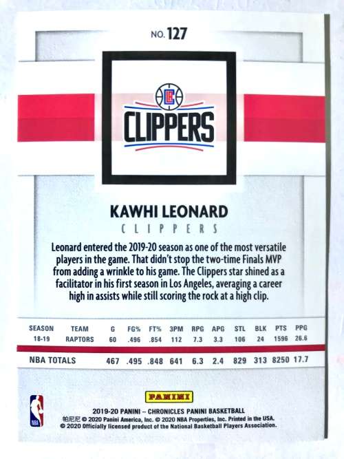 2019 PANINI CHRONICLES KAWHI LEONARD #127
