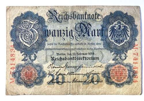 1914 Germany 20 Zwanzig Mark Bank Note