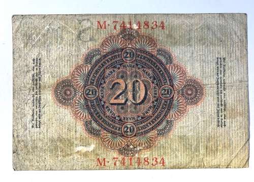 1914 Germany 20 Zwanzig Mark Bank Note