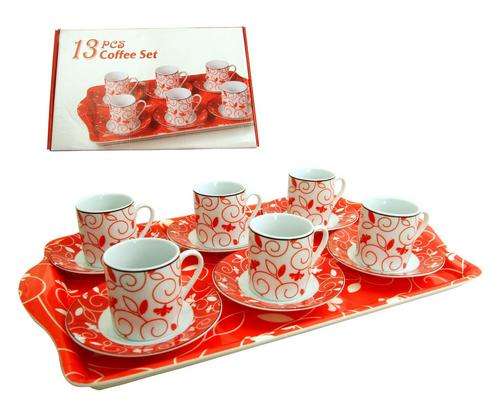 13 PC RED FLOWER ESPRESSO CUP & SAUCER SET