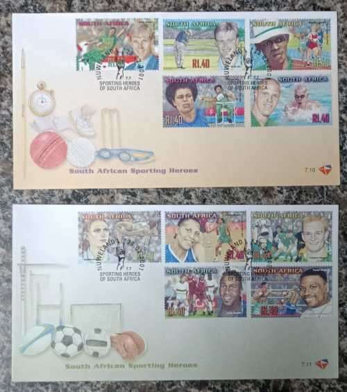 RSA 2001: OFFICIAL FDC 7.10 and 7.11 SOUTH AFRICAN SPORTING HEROES