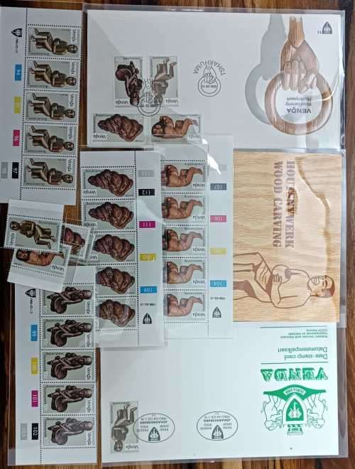 VENDA WOOD CARVINGS - UM SET SINGLES, FDC 1.2, COLLECTORS SHEET 1.2a, DATE STAMP CARD AND CONTROLS