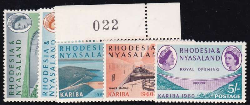 RHODESIA & NYASALAND - QE2 KARIBA DAM, ASSORTED SINGLES TO 5/, FINE U/M - CV:R375!!!!