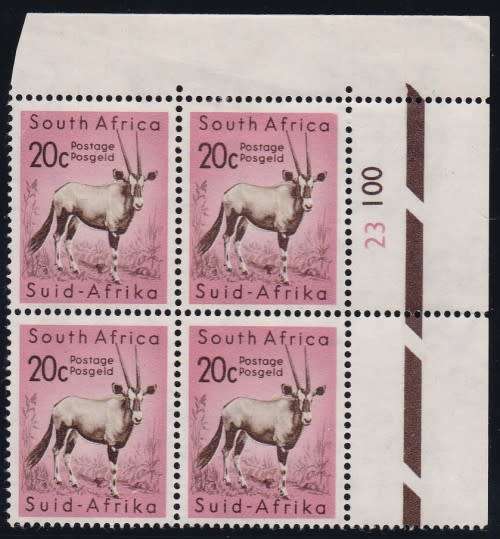 RSA - 1961 DEFINITIVES, 20c GEMSBOK - FINE U/M CONTROL BLOCK OF 4!!!!!