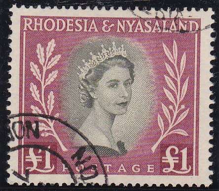 RHODESIA & NYASALAND - 1954 QE2, 1 POUND SINGLE, FINE USED - CV:R500!!!!!
