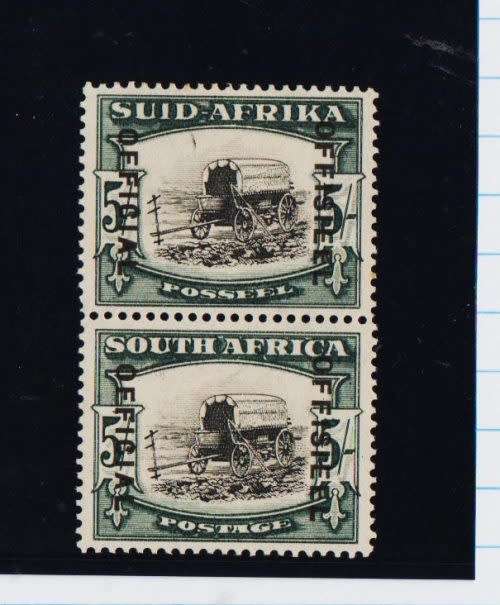 UNION SA OFFICIAL-5 SHILLING HYPHENATED VERTICAL PAIR-BROKEN YOKE VARIETY-RARE,FINE MM
