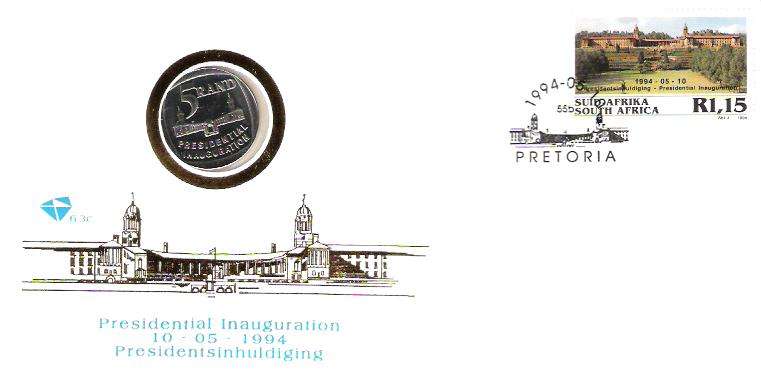 1994 MANDELA INAUGURATION FDC 6.3C WITH R5 PROOF COIN - VERY CLEAN/MINT!!!