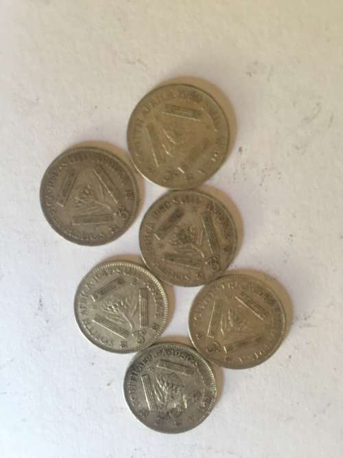 South African Threepence Silver 1950+1947 x 6