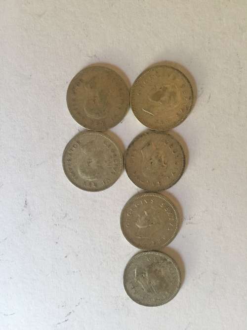 South African Threepence Silver 1950+1947 x 6