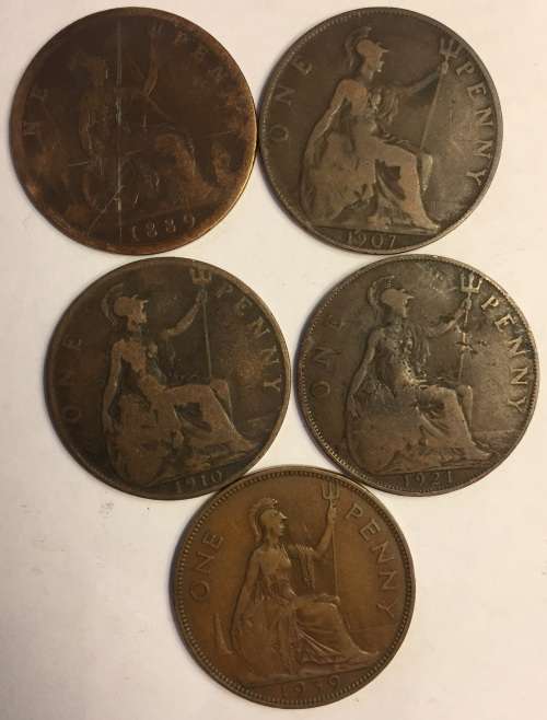 British One Penny Bronze Various Years x 5