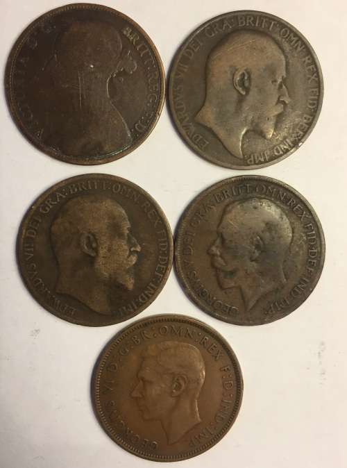 British One Penny Bronze Various Years x 5