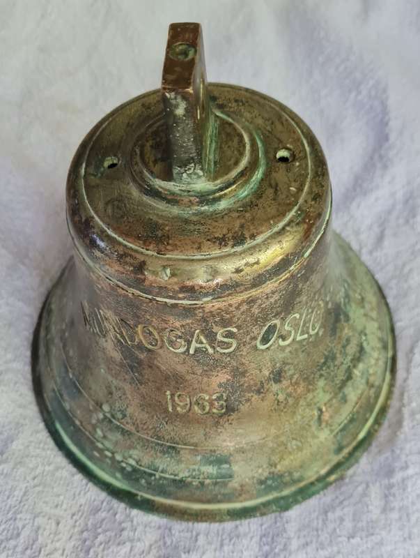 Salvaged ships brass bell from  the Mundogas Oslo