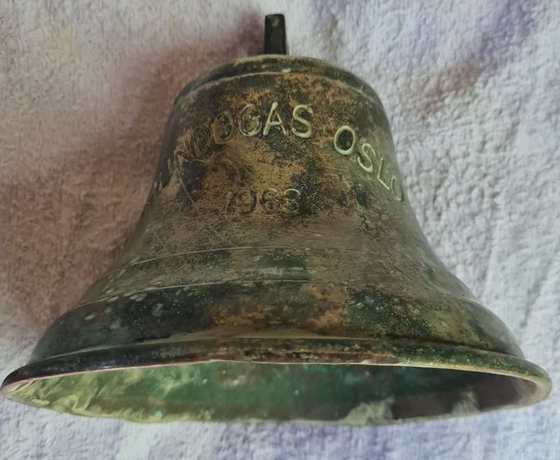 Salvaged ships brass bell from  the Mundogas Oslo