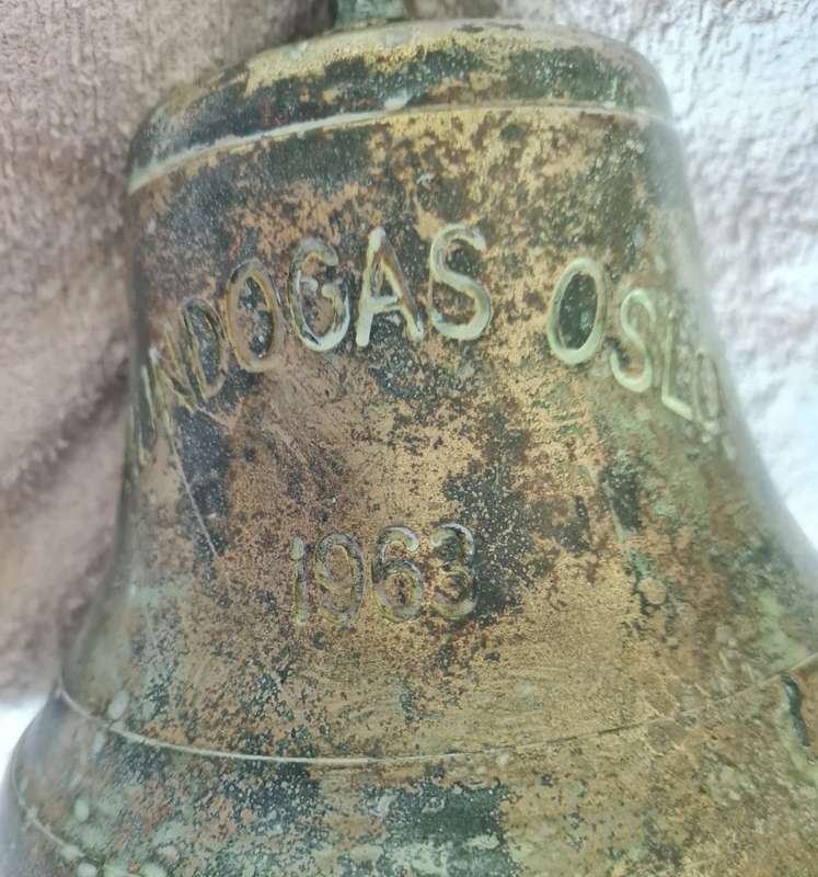 Salvaged ships brass bell from  the Mundogas Oslo