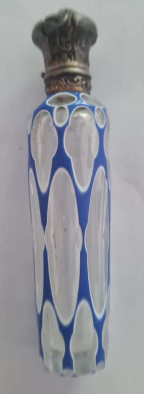 Victorian Blue Over White Over Crystal Cut Glass Perfume Bottle with Brass Top