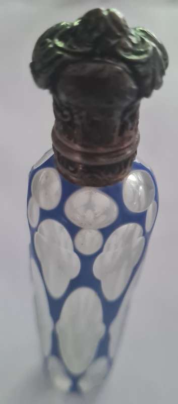 Victorian Blue Over White Over Crystal Cut Glass Perfume Bottle with Brass Top