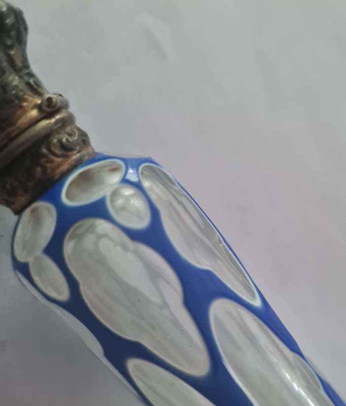 Victorian Blue Over White Over Crystal Cut Glass Perfume Bottle with Brass Top