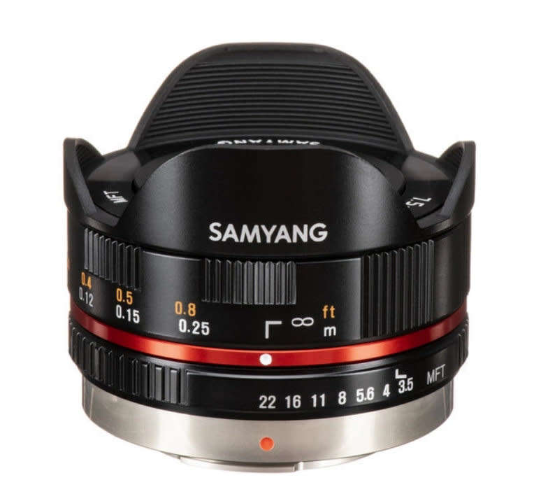 Samyang 7.5mm f/3.5 UMC Fisheye MFT Lens. In original box.