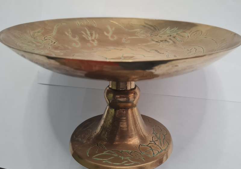 Vintage Chinese Twin Dragon Embossed Brass Dish on stand