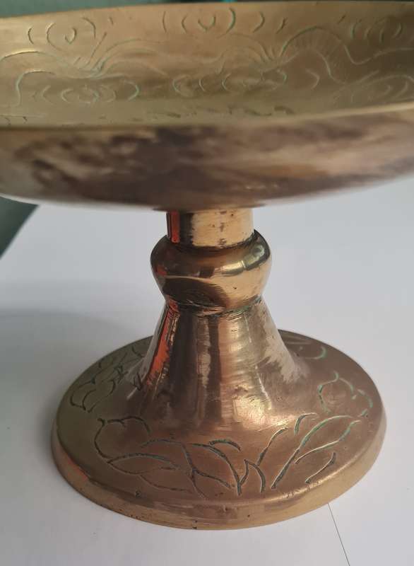 Vintage Chinese Twin Dragon Embossed Brass Dish on stand