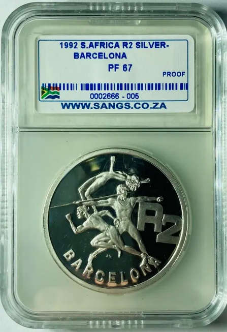 Republic of South Africa Proof Silver R2 Crown of 1992 - Olympics - SANGS PF67