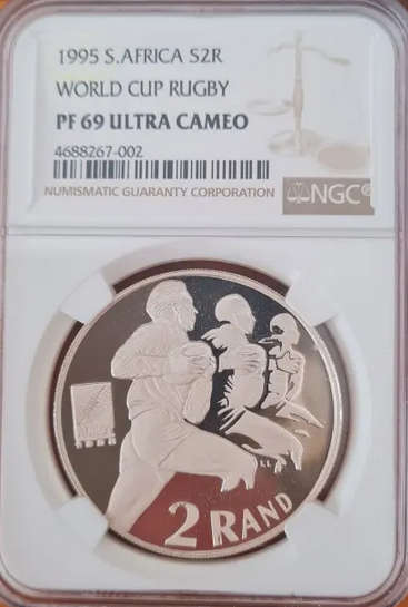RSA Proof Silver R2 Crown of 1995 - World Cup Rugby - NGC P69 UC